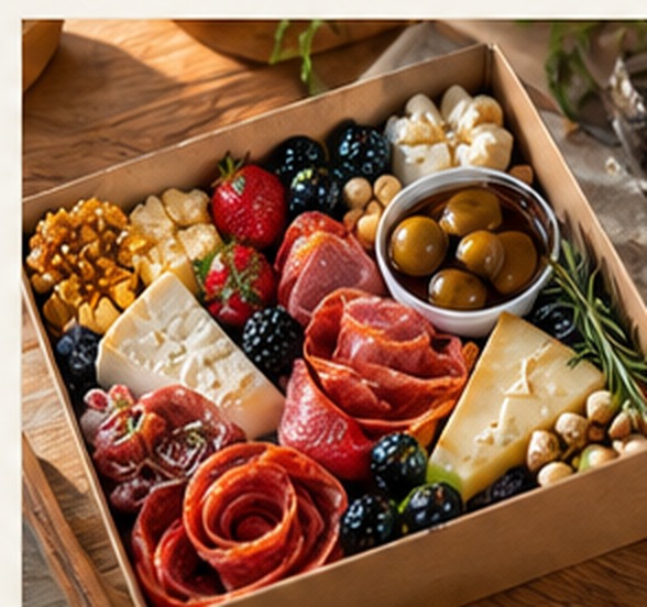 Illustrative Classic Box with two cheeses, salami, pepperoni, grapes, and savory extras