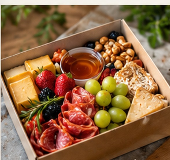 Illustrative Light Box with familiar cheese, cured meat, green grapes, and crunchy accompaniments