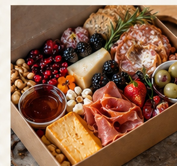 Illustrative Premium Box with specialty cheeses, cured meats, berries, nuts, and elevated pairings